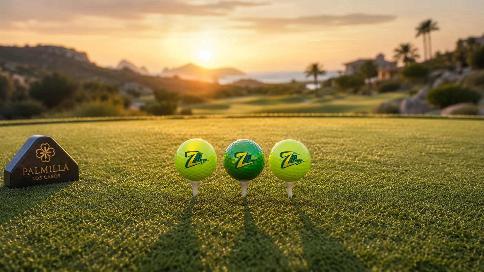 ZIPGOLF™ balls on tees at sunrise